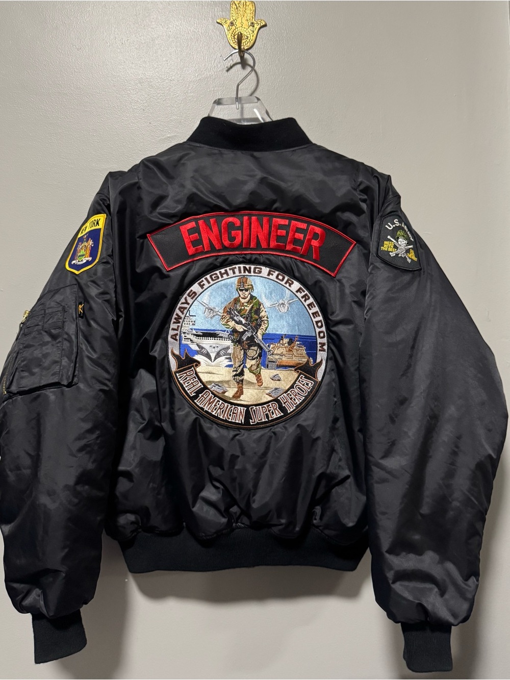 Rothco MA-1 Bomber Jacket Large Engineer Army New York Patch Black Military
